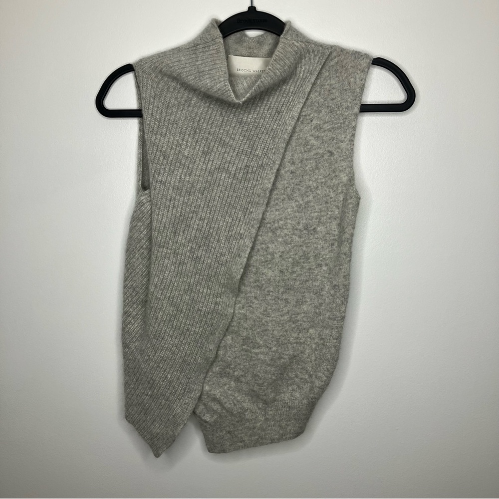 BROCHU WALKER Cashmere Gray Sleeveless Mock Neck Sweater Asymmetrical XS